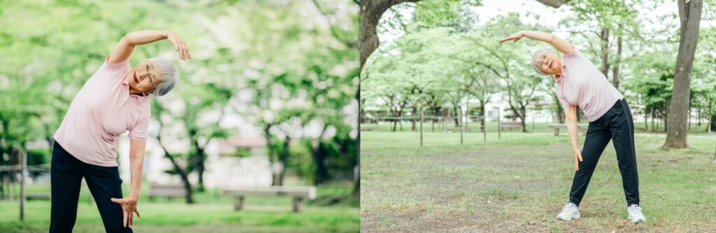 ラジオ体操を行う高齢者