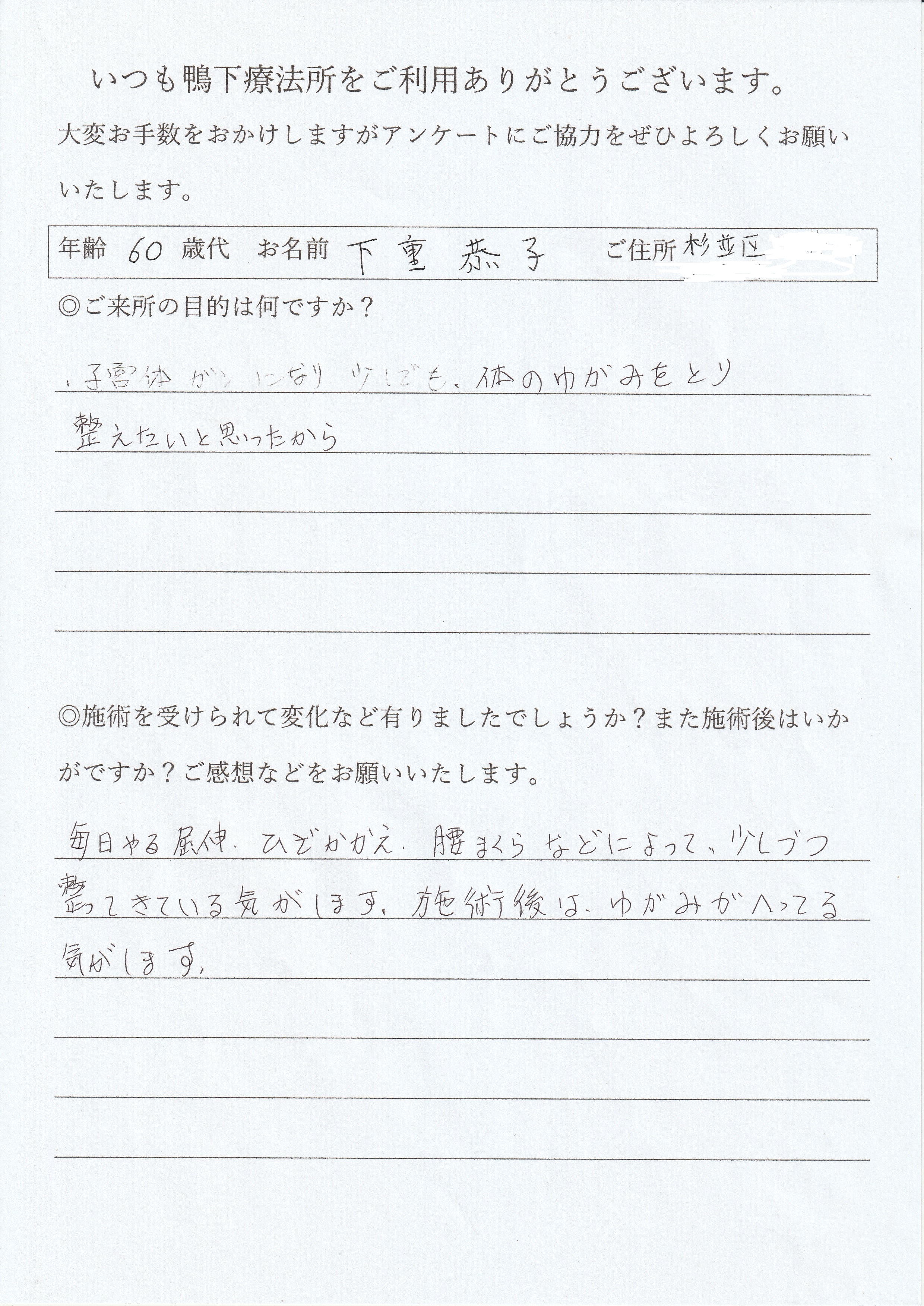 鴨下療法所アンケート