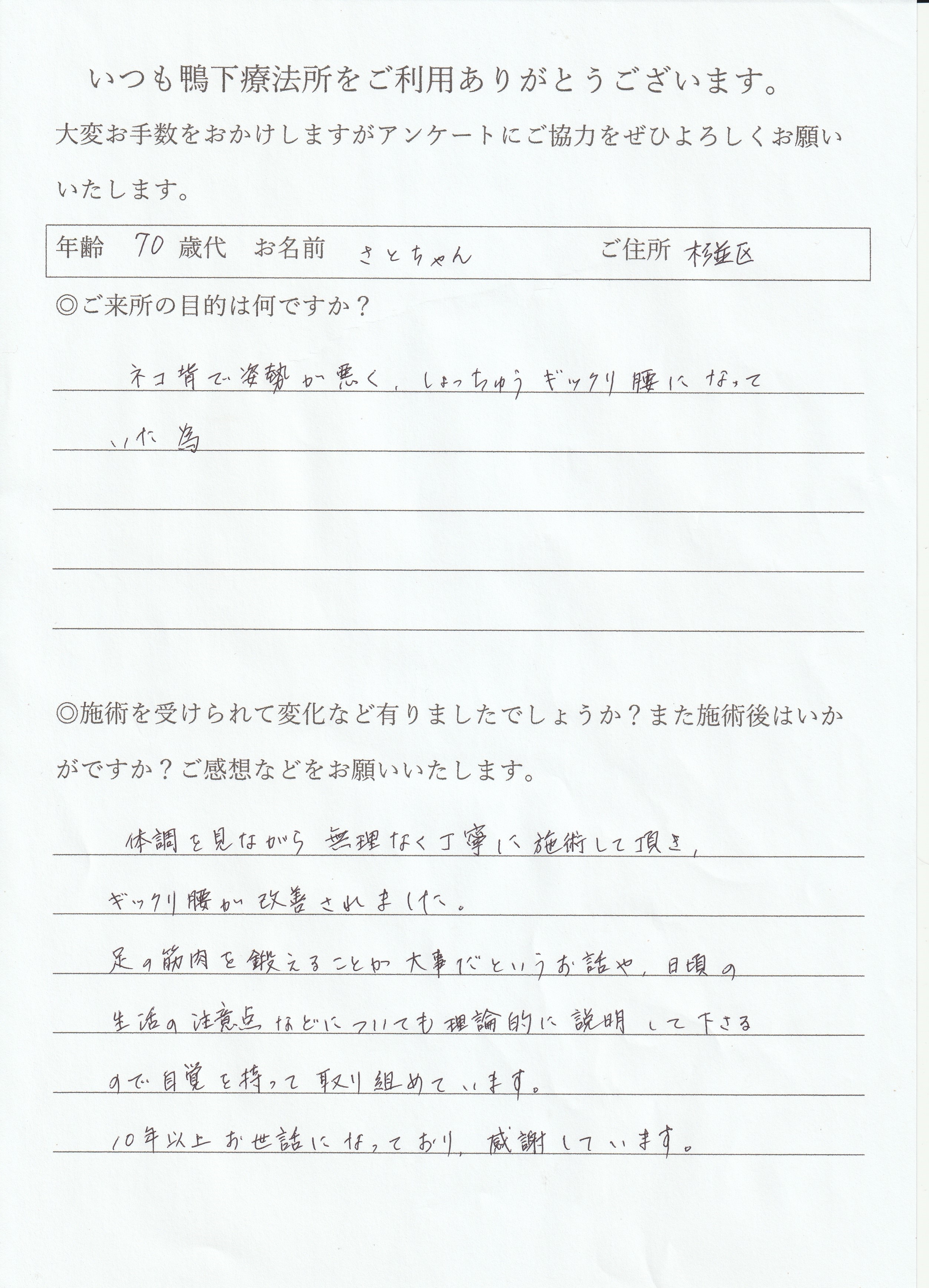 鴨下療法所アンケート